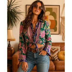 Floral & Ivy Green Pink Floral Tie Front Blouse Size Small Boho Cottagecore Top